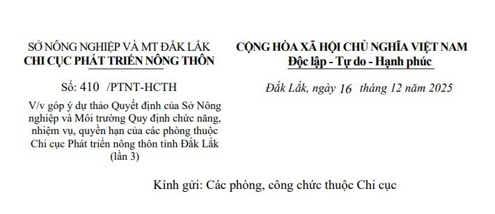 Góp ý dự thảo Quyết định Quy định chức năng, nhiệm vụ của các phòng thuộc Chi cục Phát triển nông thôn tỉnh Đắk Lắk (lần 3)