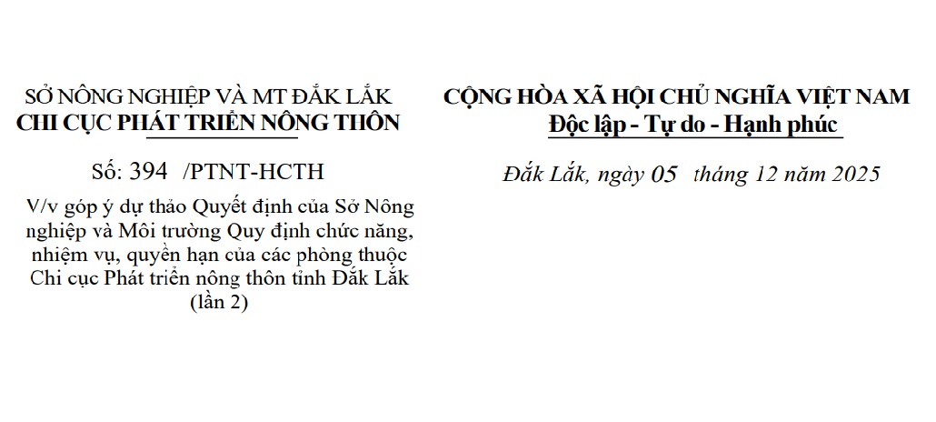 Mời góp ý dự thảo Quyết định Quy định chức năng, nhiệm vụ của các phòng thuộc Chi cục Phát triển nông thôn tỉnh Đắk Lắk