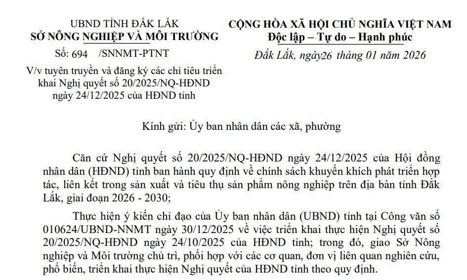 Khuyến khích liên kết sản xuất, tiêu thụ sản phẩm nông nghiệp Đắk Lắk (Nghị quyết 20/2025/NQ-HĐND)