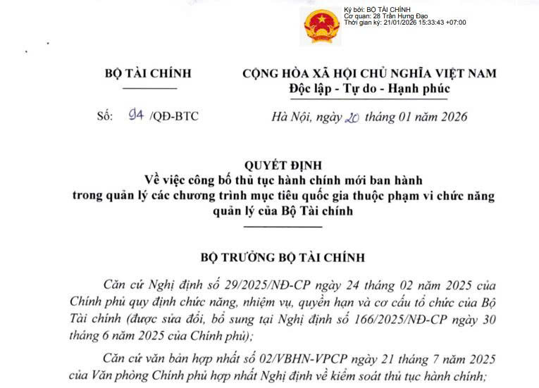Bộ Tài chính công bố 02 Thủ tục hành chính mới về Quản lý Chương trình mục tiêu Quốc gia 