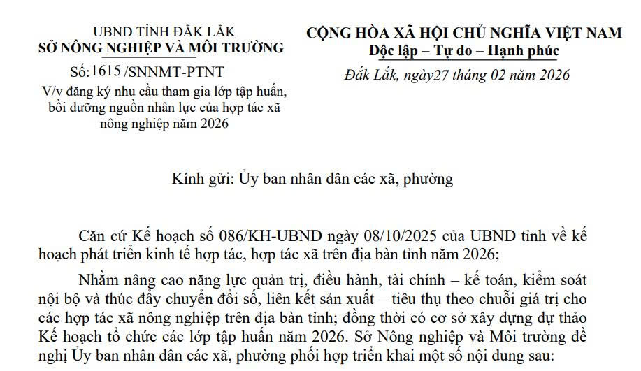 Triển khai đăng ký nhu cầu tập huấn, bồi dưỡng nguồn nhân lực HTX nông nghiệp năm 2026