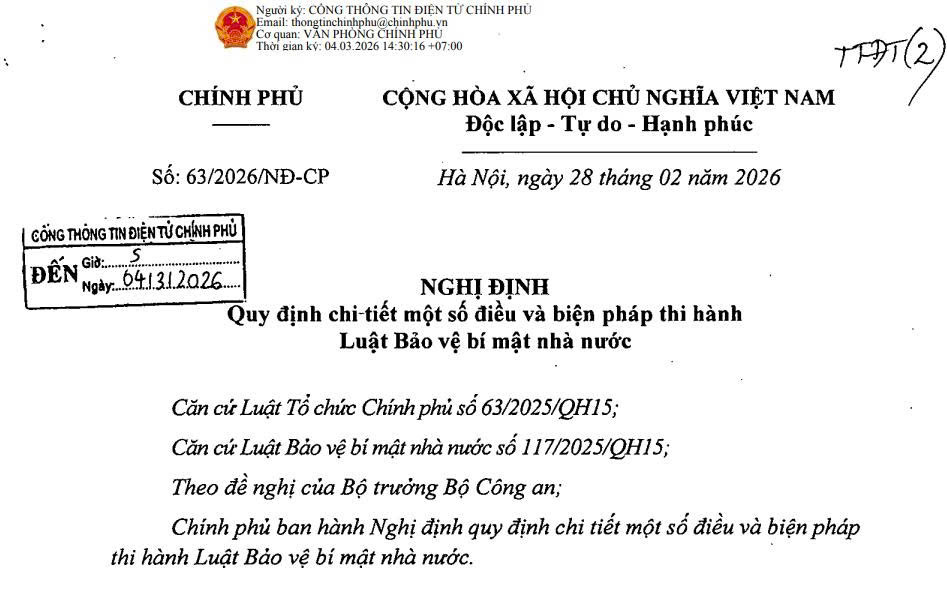 TRIỂN KHAI QUY ĐỊNH MỚI VỀ BẢO VỆ BÍ MẬT NHÀ NƯỚC THEO NGHỊ ĐỊNH 63/2026/NĐ-CP