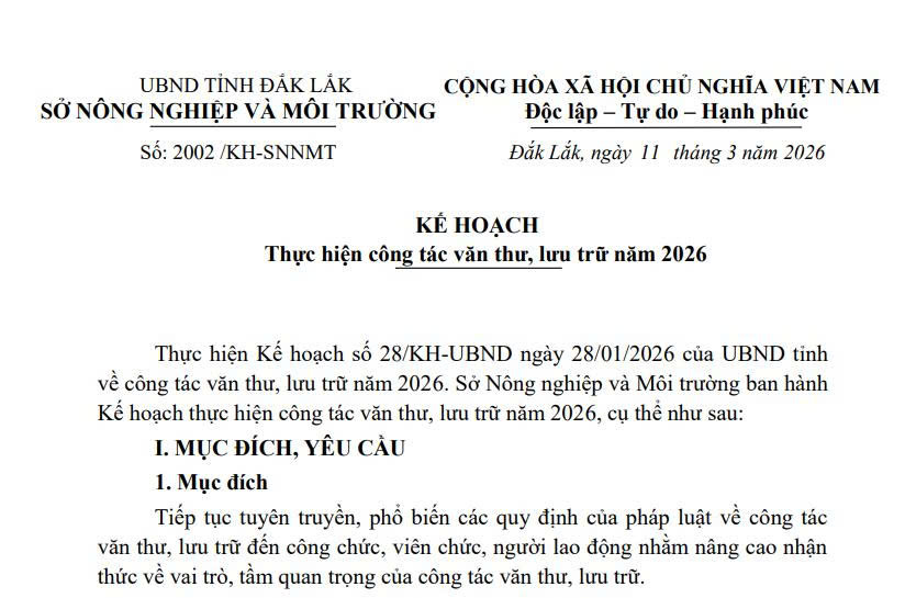 Sở Nông nghiệp và Môi trường ban hành Kế hoạch công tác văn thư, lưu trữ năm 2026 -  Những nhiệm vụ trọng tâm các đơn vị cần triển khai ngay