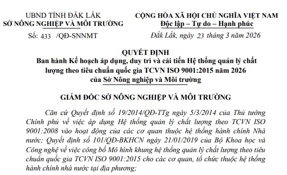 Sở Nông nghiệp và Môi trường ban hành Kế hoạch duy trì và cải tiến Hệ thống quản lý chất lượng ISO 9001:2015 năm 2026