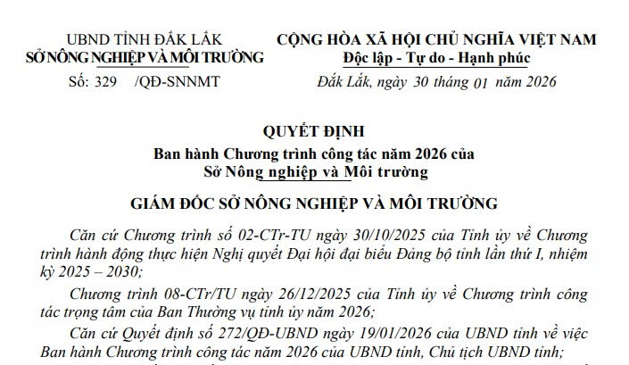Sở Nông nghiệp và Môi trường ban hành Chương trình công tác trọng tâm năm 2026