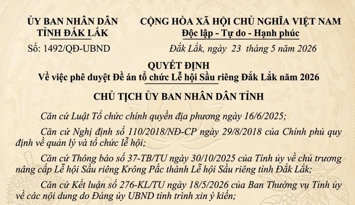 Đắk Lắk phê duyệt Đề án tổ chức Lễ hội Sầu riêng tỉnh năm 2026