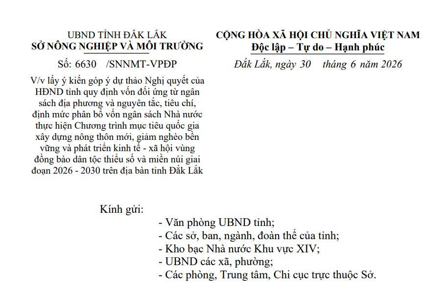 Sở Nông nghiệp và Môi trường lấy ý kiến góp ý dự thảo Nghị quyết phân bổ vốn các Chương trình mục tiêu quốc gia giai đoạn 2026 - 2030